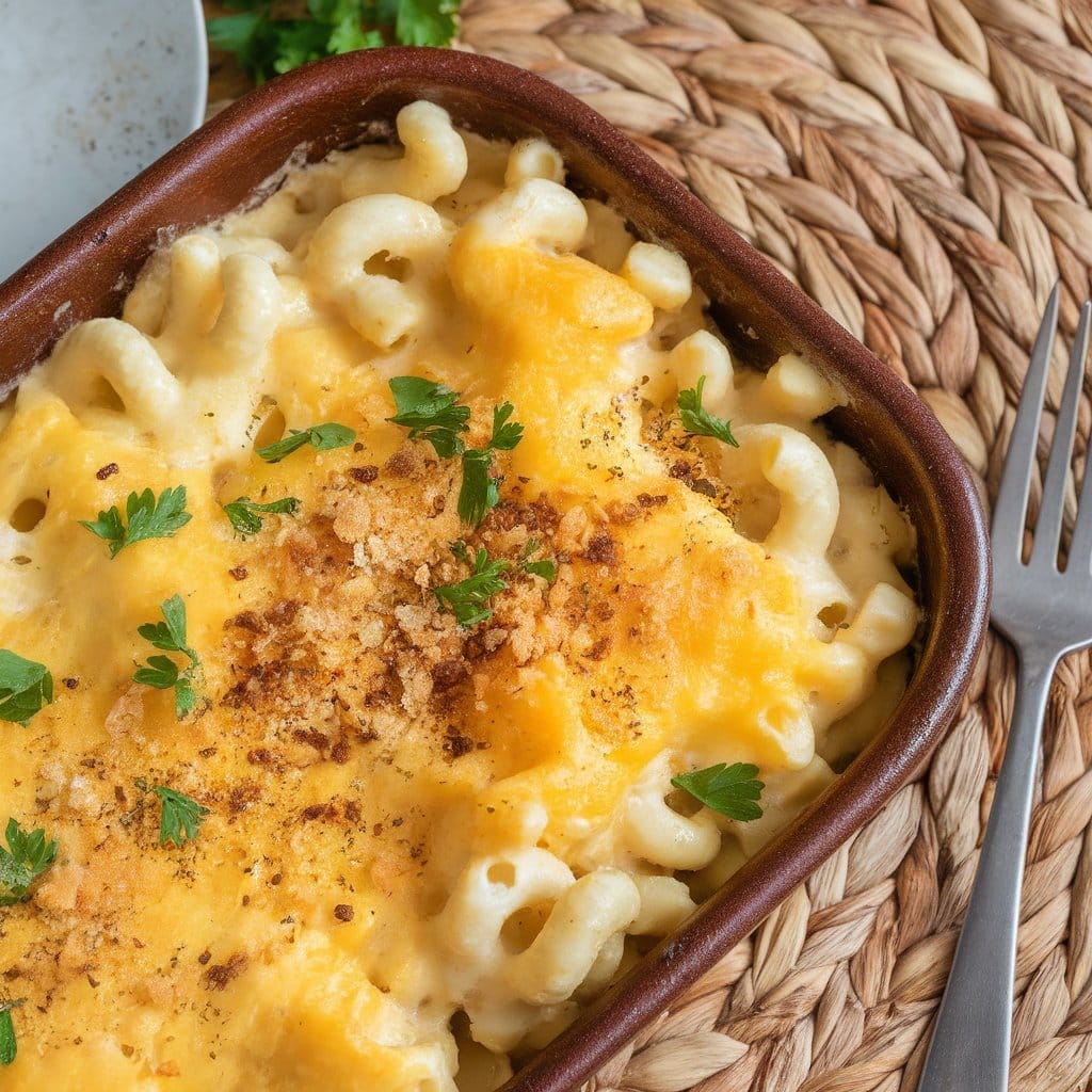 steaming dish of high-protein mac and cheese in a rustic ceramic baking dish.