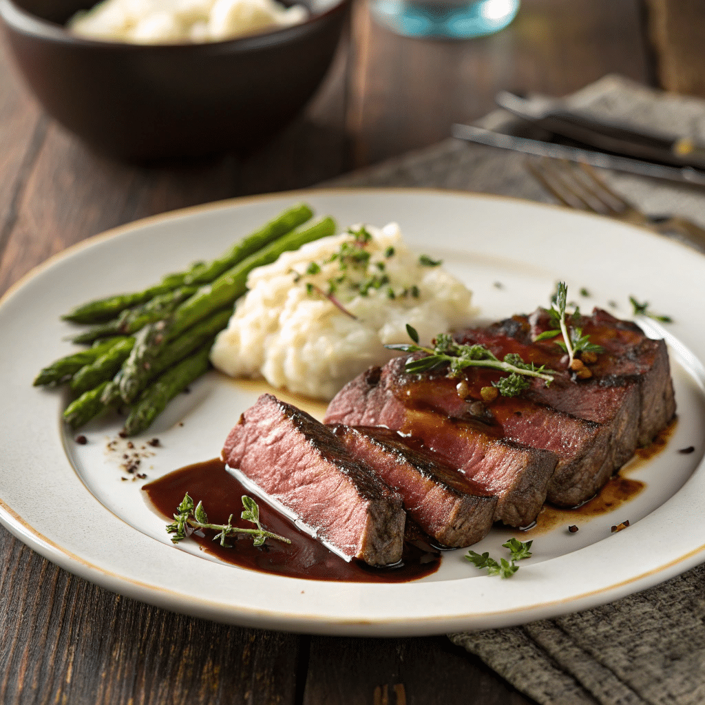 a plated bistro beef steak sliced thinly against the grain