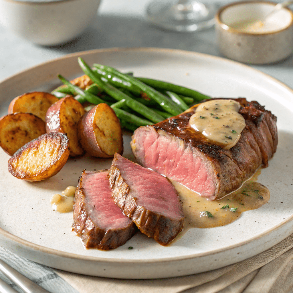 A perfectly cooked bistro beef steak sliced and plated,