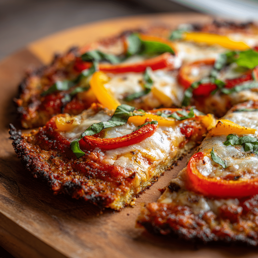 freshly baked cauliflower crust pizza on a wooden board