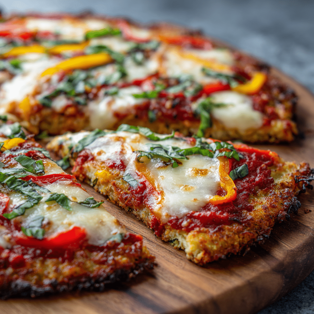 freshly baked cauliflower crust pizza on a wooden board