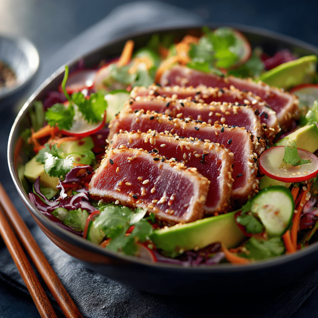 Asian Sesame Tuna Bowl Salad features fresh seared tuna over crisp veggies with a flavorful sesame dressing