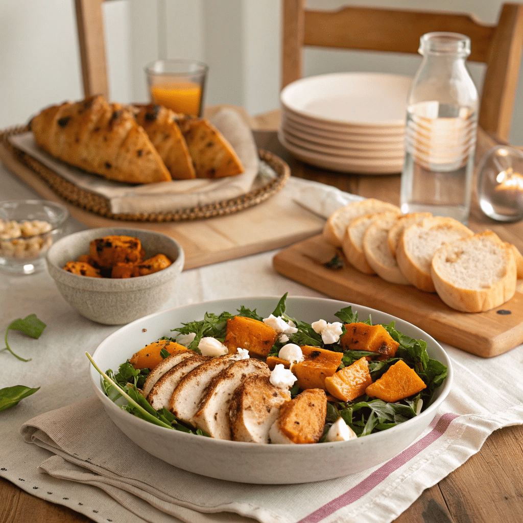 roasted pumpkin feta salad served alongside grilled chicken and fresh bread