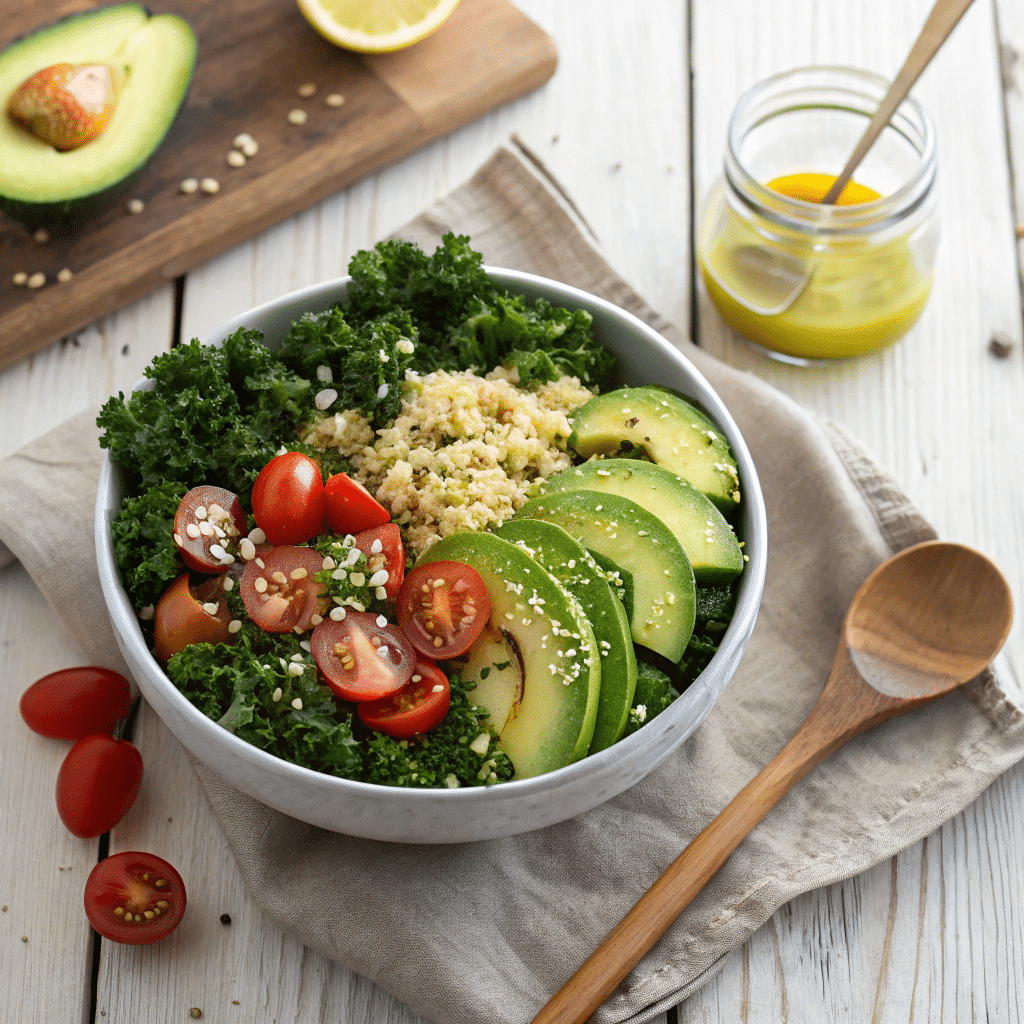 bowl of avocado kale quinoa salad