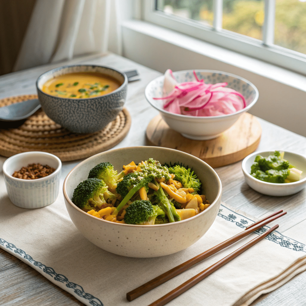 wo bowls of broccoli turmeric tahini stir fry