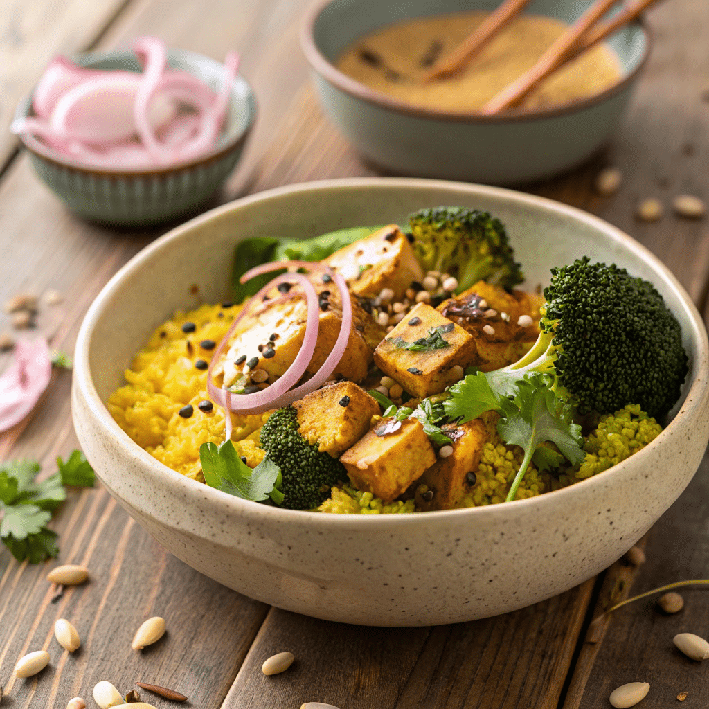 broccoli turmeric tahini stir fry bowl