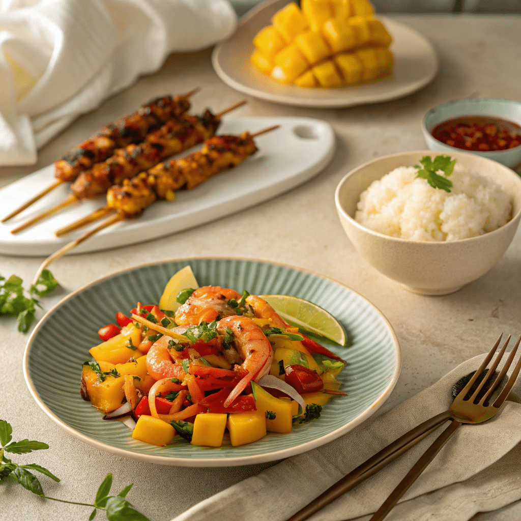 spicy Thai mango salad served with a side of grilled shrimp skewers
