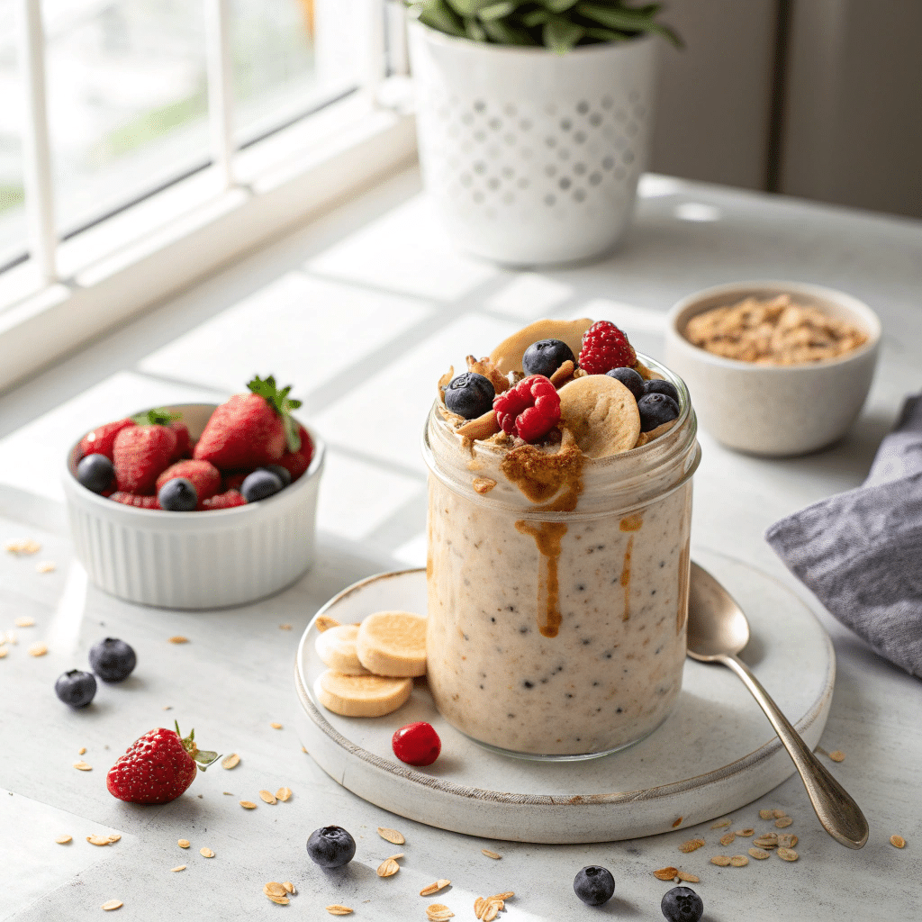 a glass jar filled with creamy high-protein overnight oats