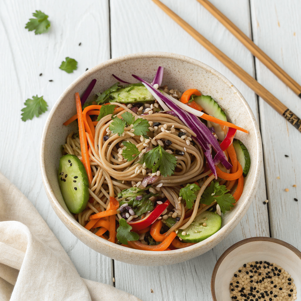 a cold soba noodle sesame salad