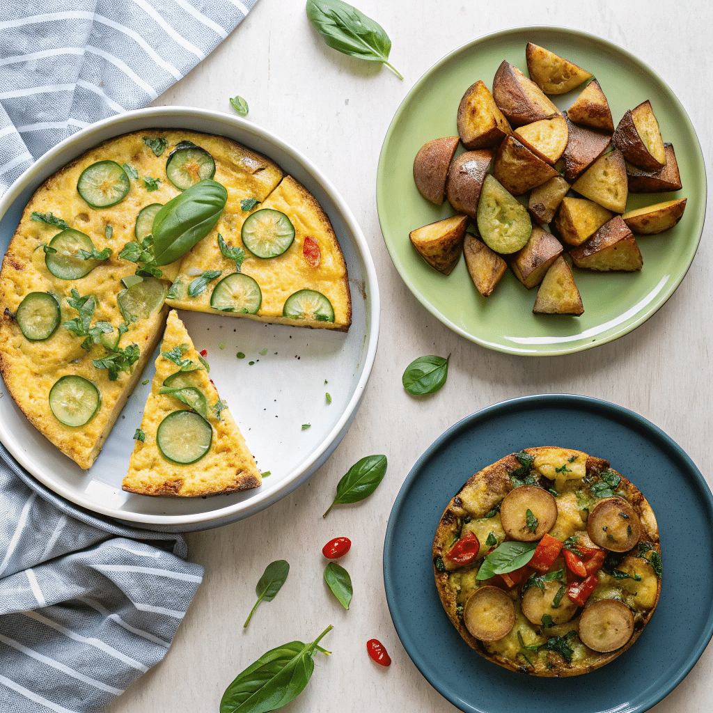 three different frittatas on separate plates