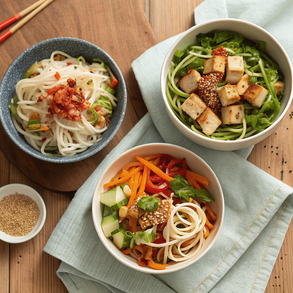 three bowls of sesame tofu noodle salad