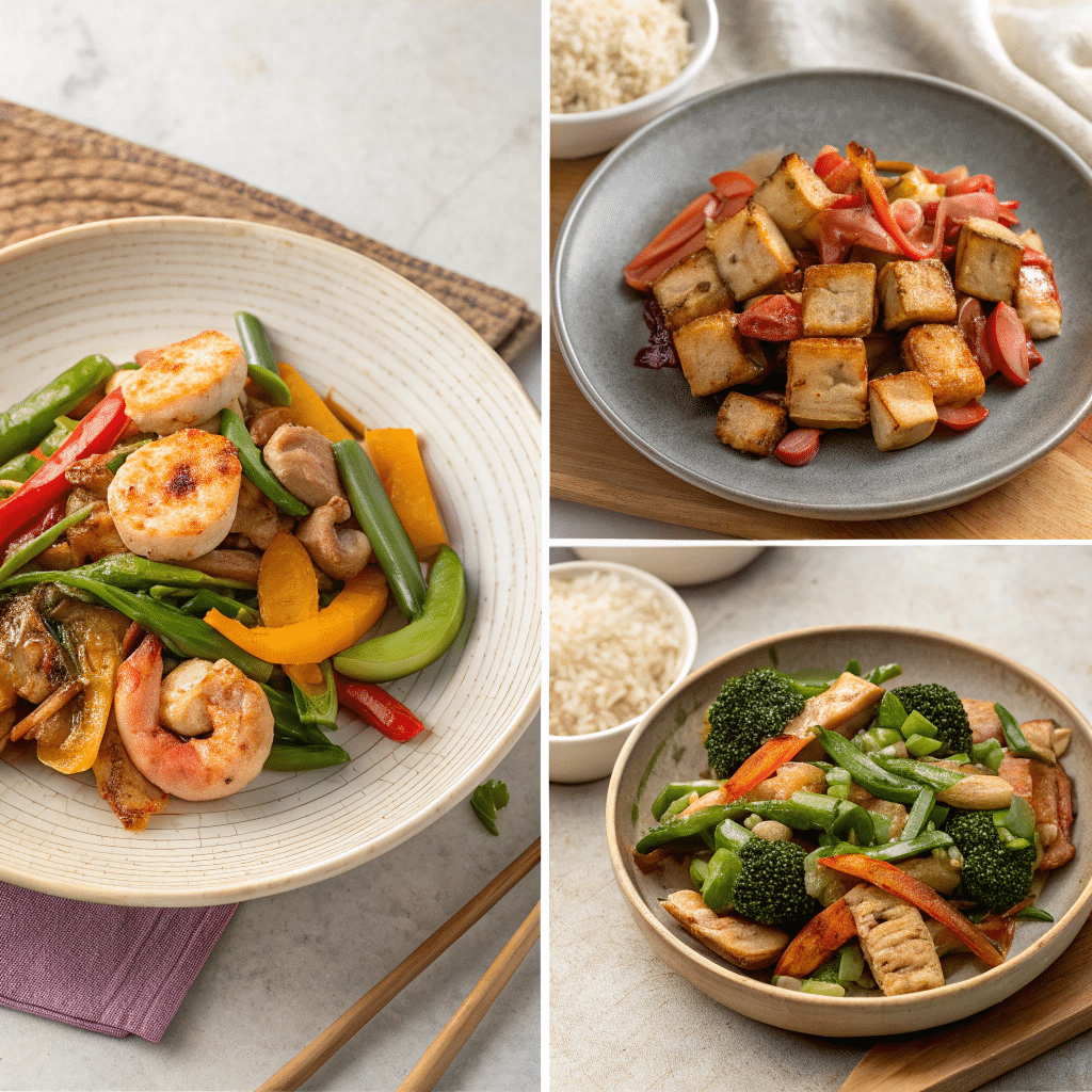 three plated stir fry variations