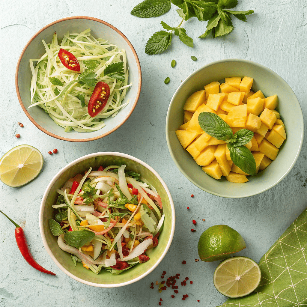 three bowls of mango salad with slight variations