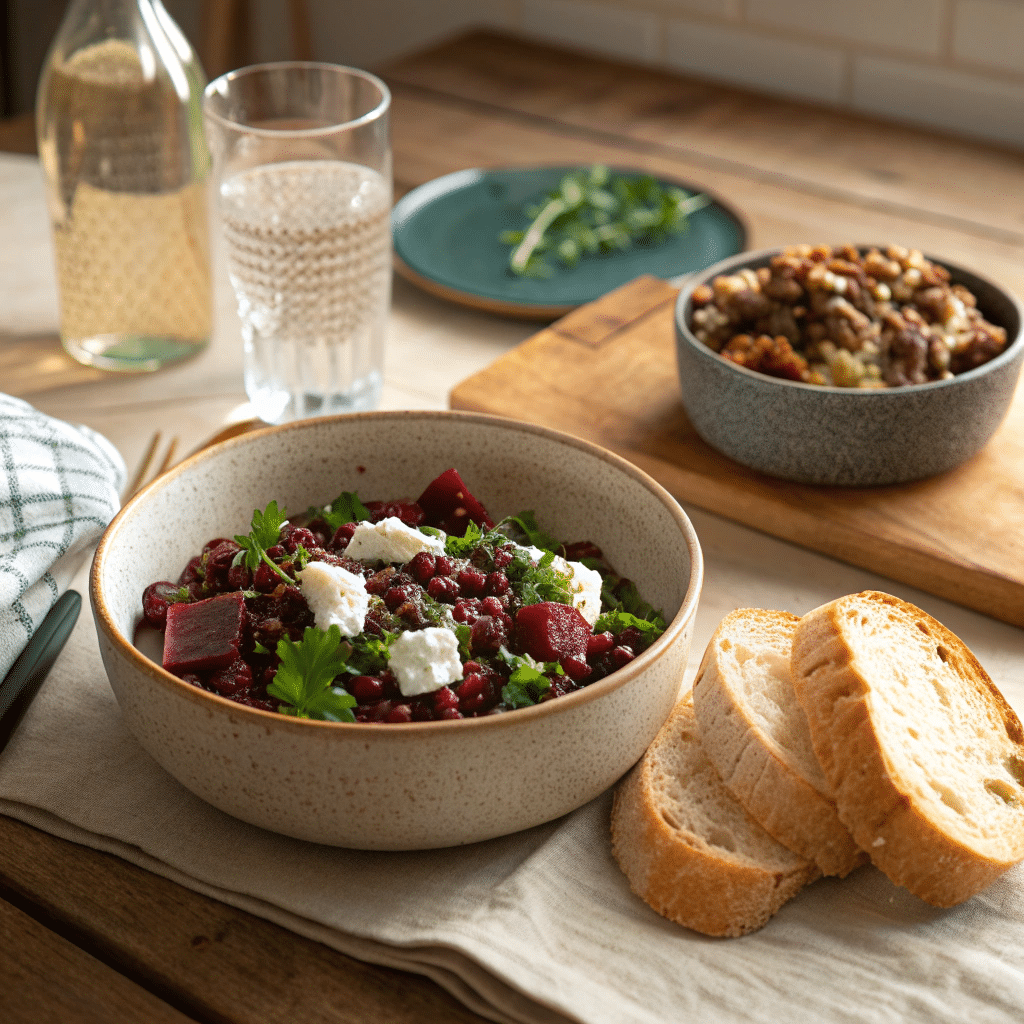 lentil beet goat cheese salad served in a shallow ceramic bowl