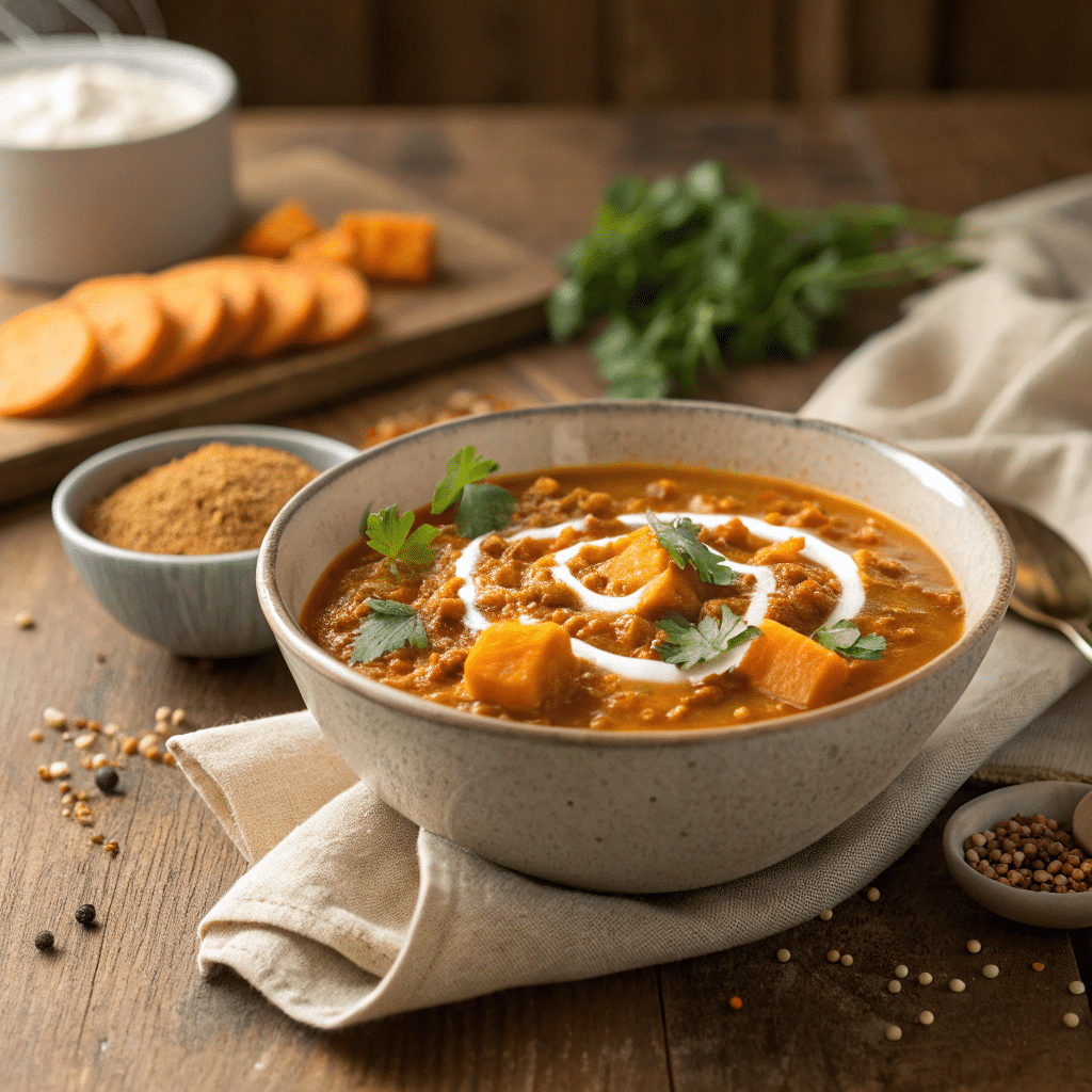 steaming bowl of sweet potato lentil curry
