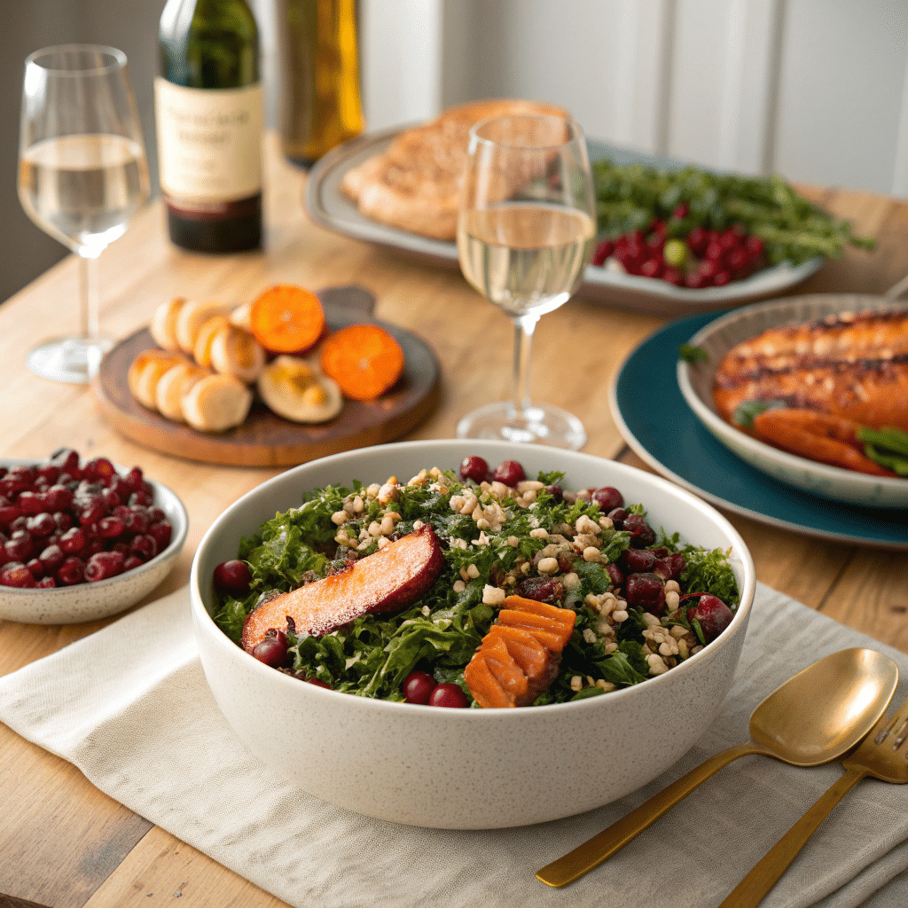 large bowl of wild rice cranberry kale salad
