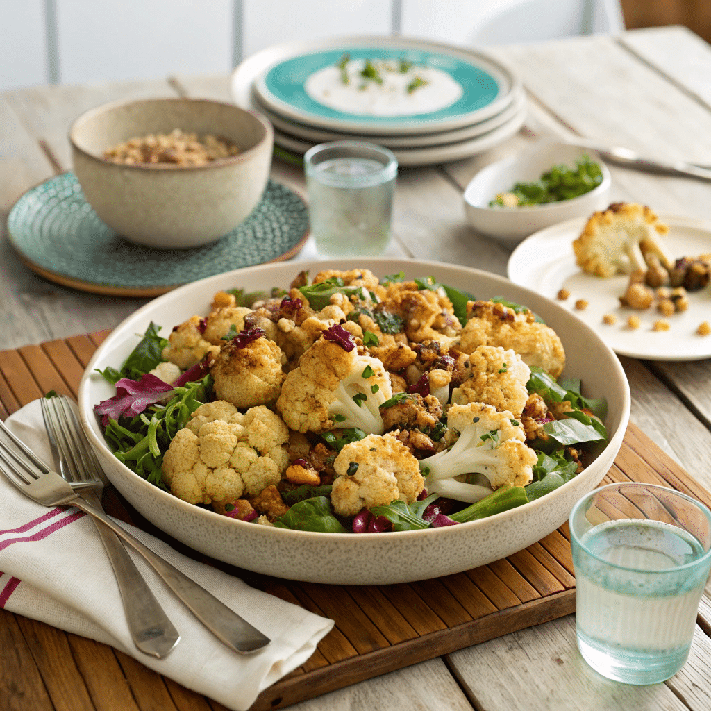 large platter of roasted cauliflower tahini salad