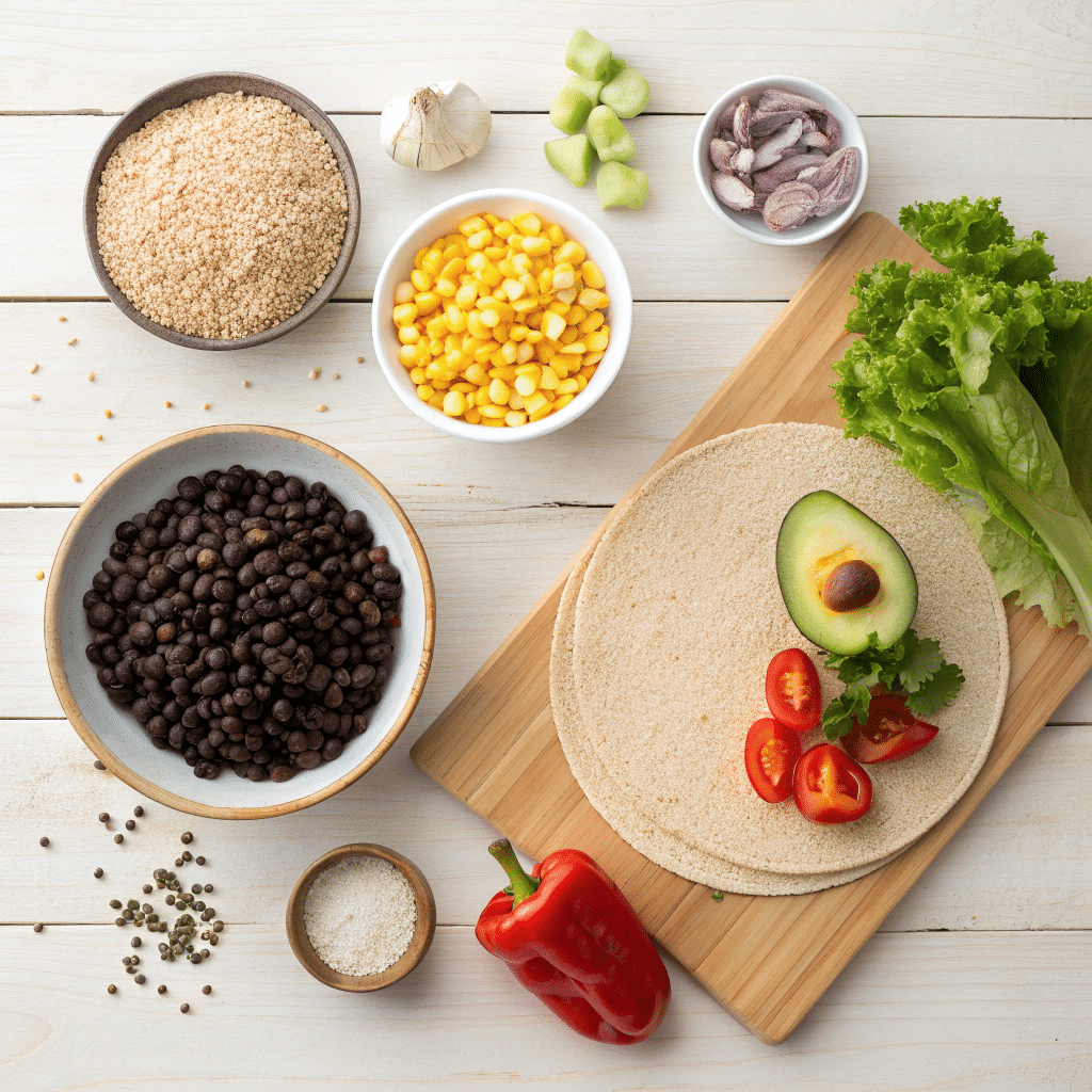 all ingredients for a black bean quinoa burrito