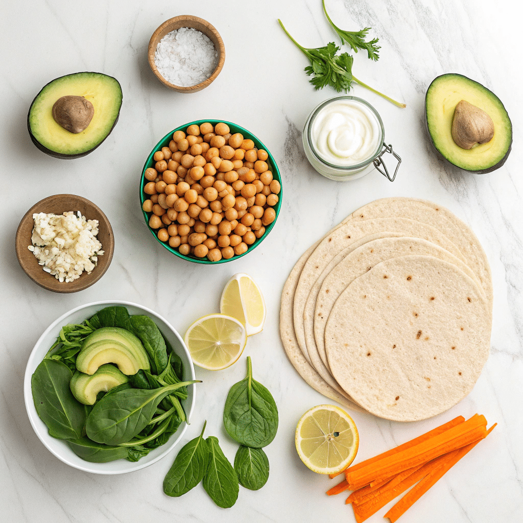 all ingredients for a chickpea avocado wrap