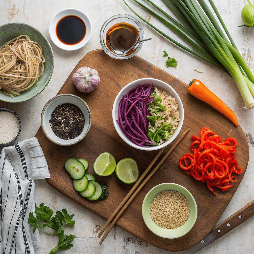 ingredients for soba noodle sesame salad