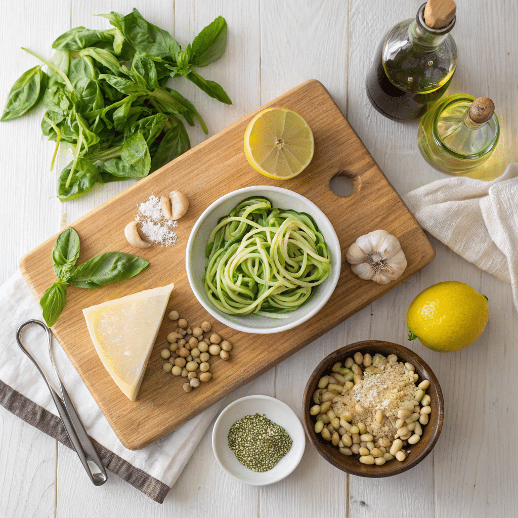 fresh ingredients for basil pesto zucchini noodles