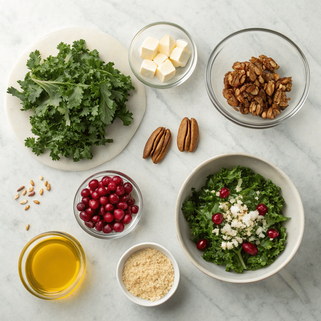 salad ingredients on a marble countertop