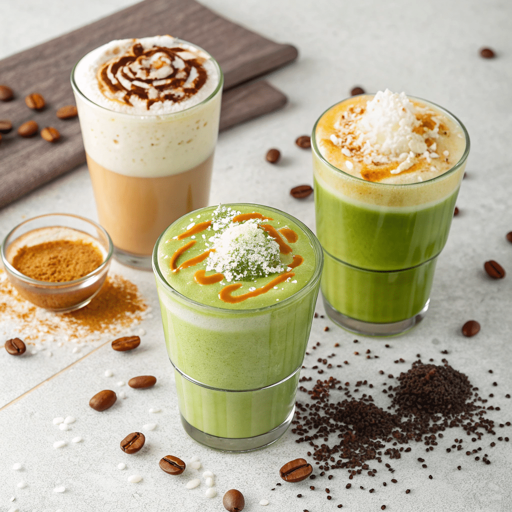 three different matcha lattes