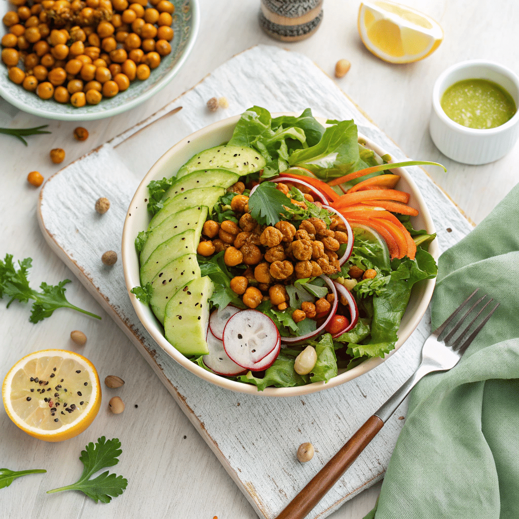 resh green salad topped with garlic turmeric roasted chickpeas