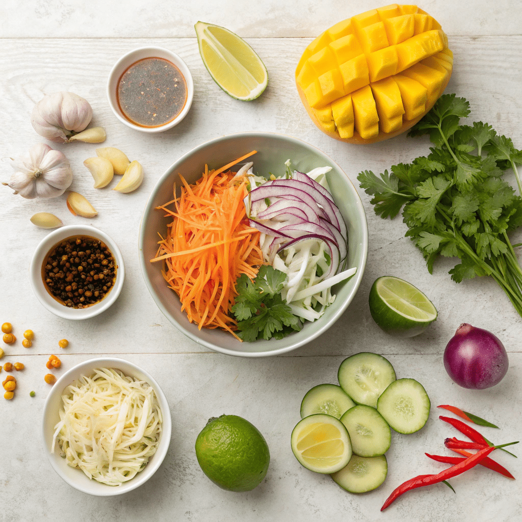 all the ingredients for Thai mango salad