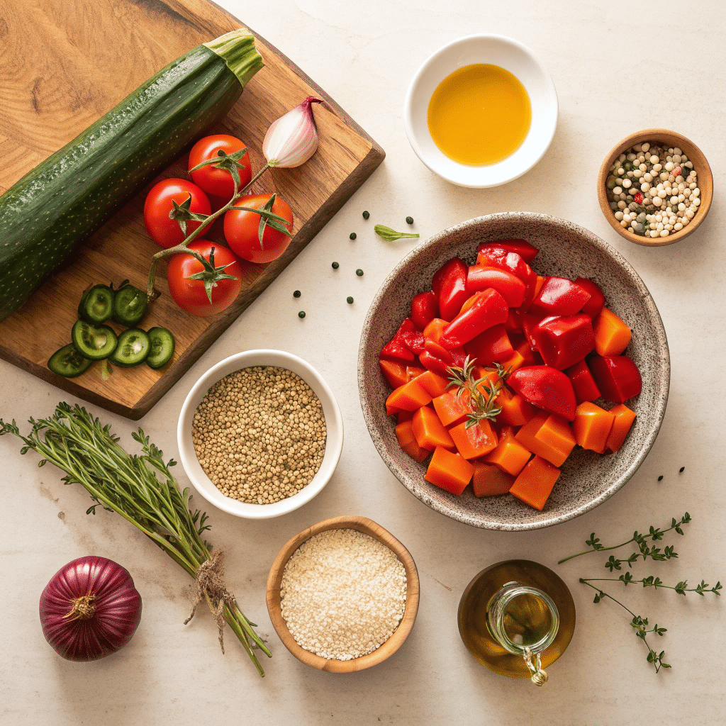 fresh ingredients for a roasted vegetable quinoa bowl