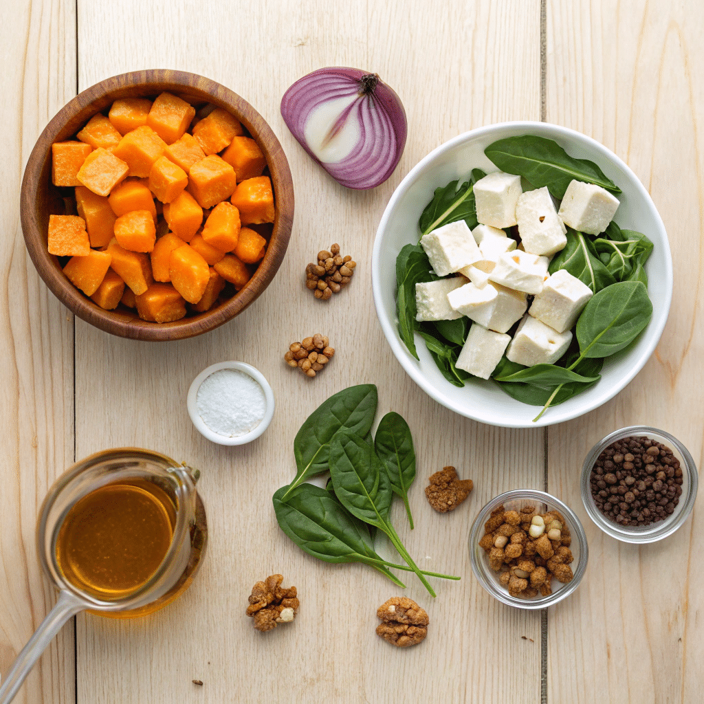 raw ingredients for roasted pumpkin feta salad