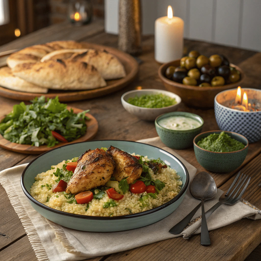 a platter of herbed chicken with couscous