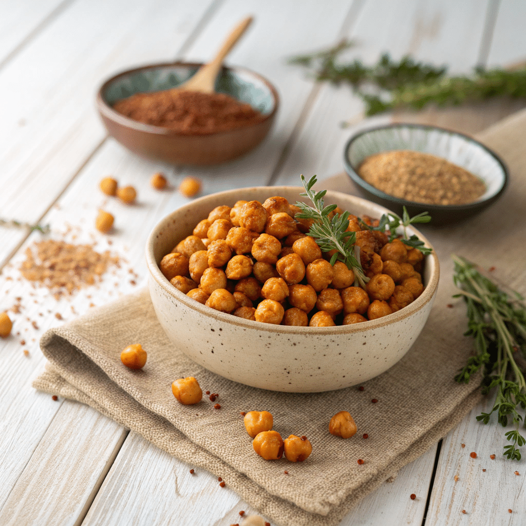 a bowl filled with golden roasted chickpeas