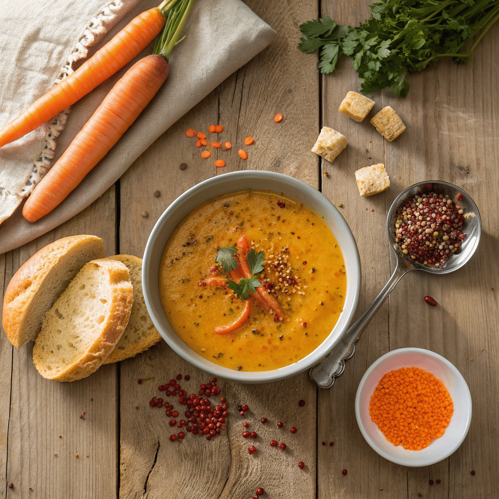 steaming bowl of spiced lentil and carrot soupbowl