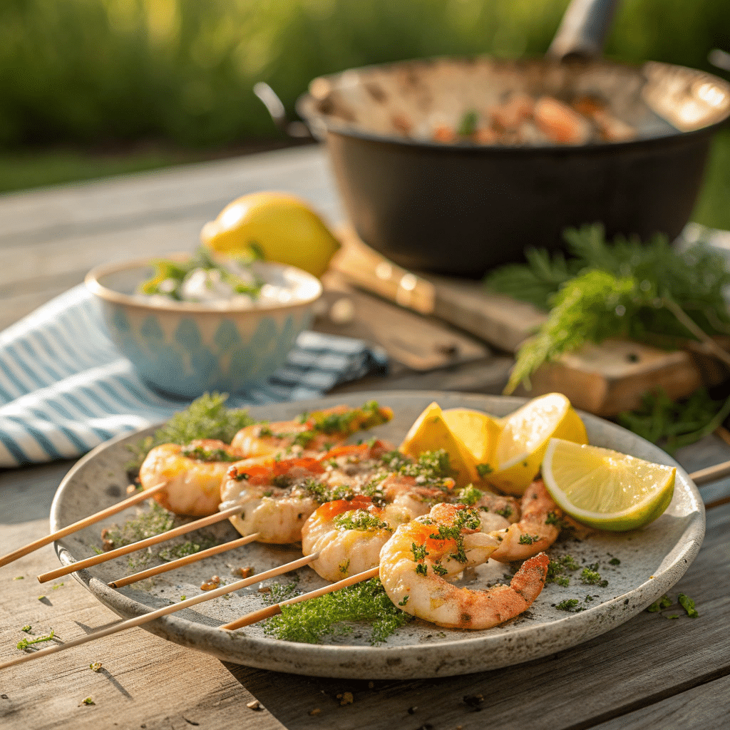 platter of grilled lemon dill shrimp skewers
