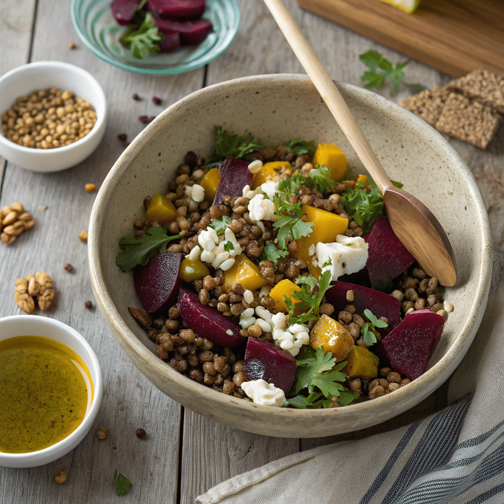 lentil beet goat cheese salad in a large ceramic bowl