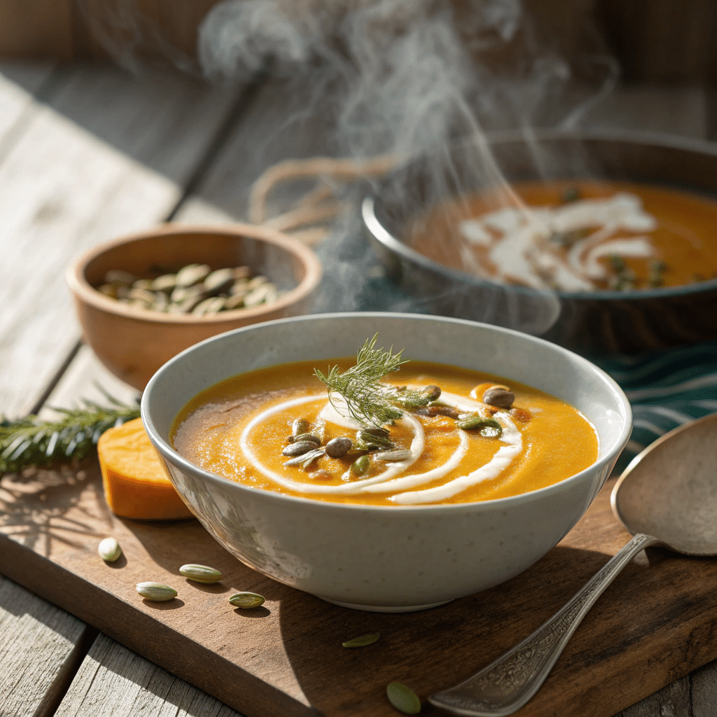steaming bowl of roasted pumpkin ginger soup