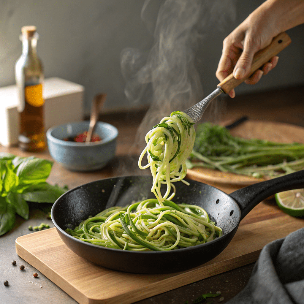 hand tossing zucchini noodles