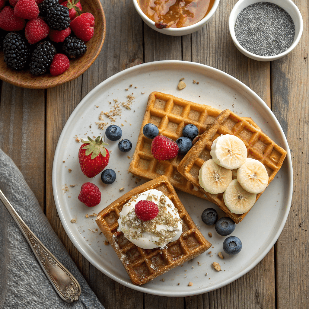 breakfast plate with banana oat waffles topped three different ways