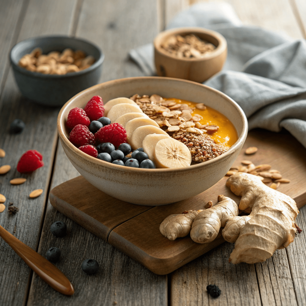 anti-inflammatory smoothie bowl on a rustic wooden table
