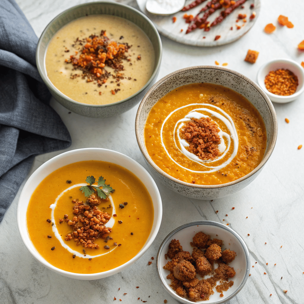 three bowls of carrot and lentil soup