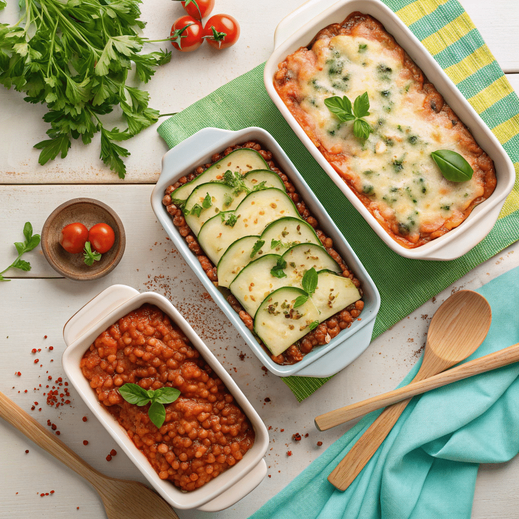 three small baking dishes of lasagna