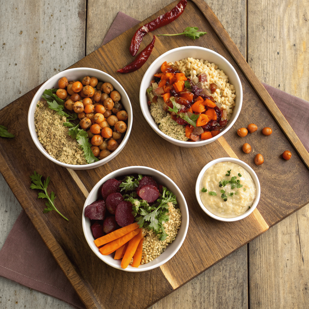 four small bowls of different variations of a quinoa veggie bowl