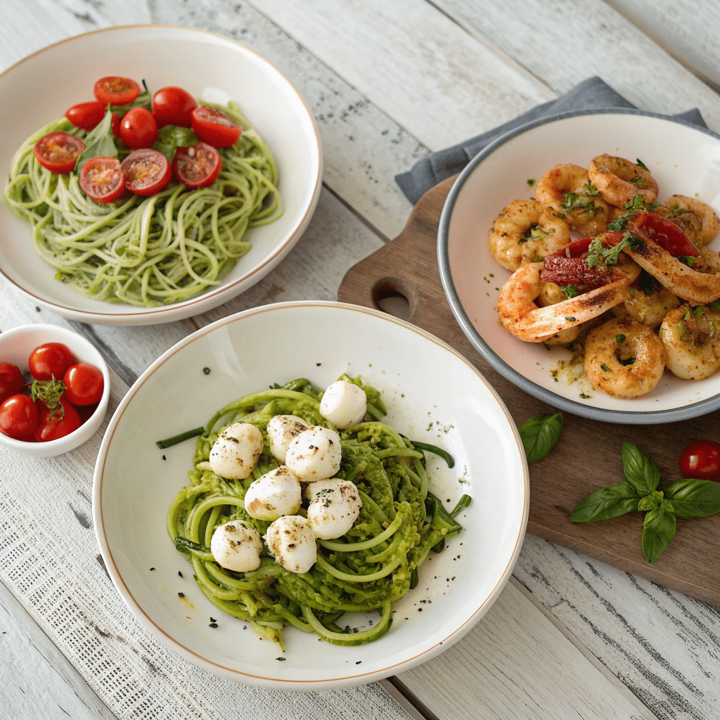 trio of small plates showcasing different pesto zoodle variations