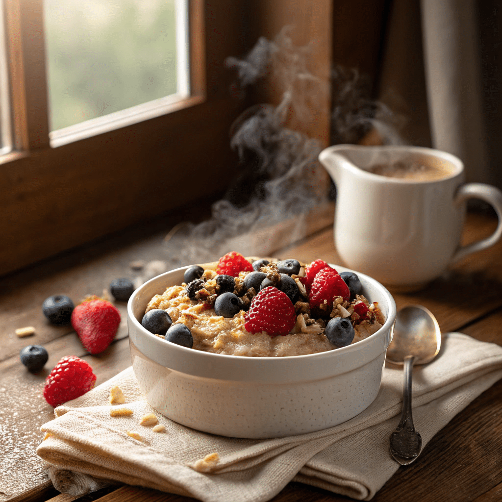 breakfast scene with a white ceramic bowl of cinnamon spiced oatmeal