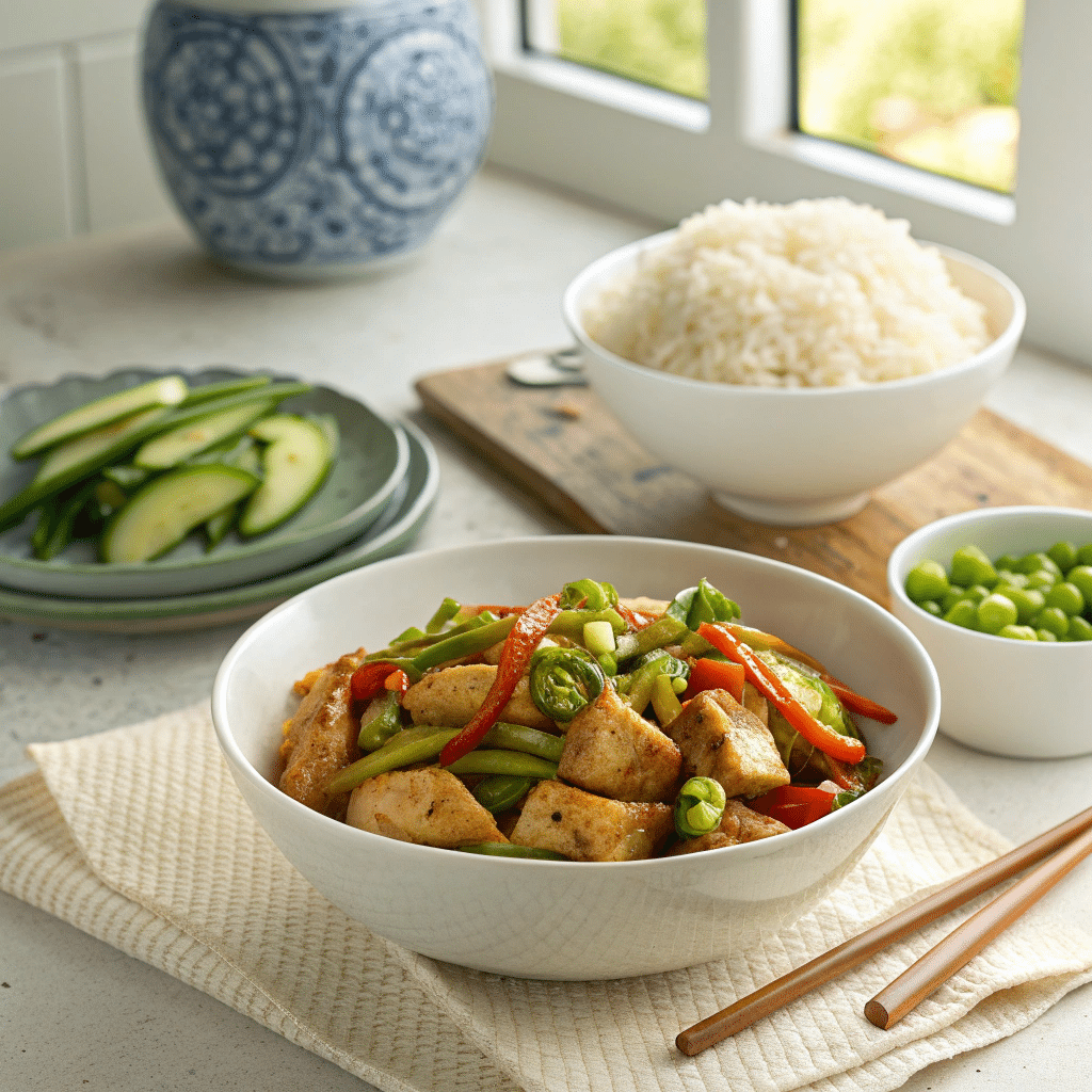 white bowl of garlic ginger chicken stir fry