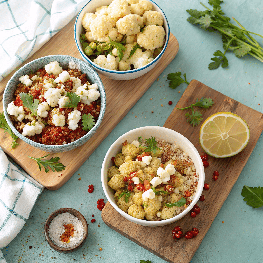 three bowls of roasted cauliflower salad with different variations