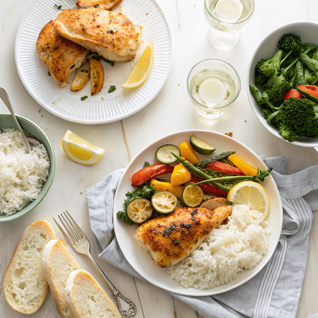 lemon garlic chicken and roasted veggies served with sides
