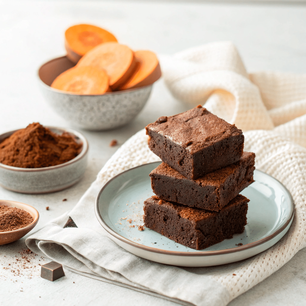 Brownies stacked neatly on a small plate with a side of fresh sweet potato slices