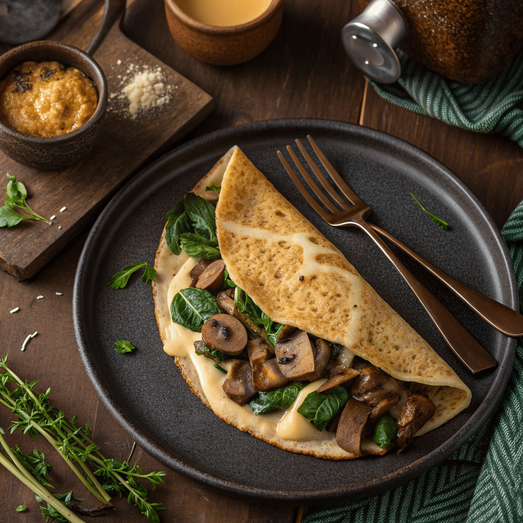 Buckwheat crepe folded around sautéed mushrooms